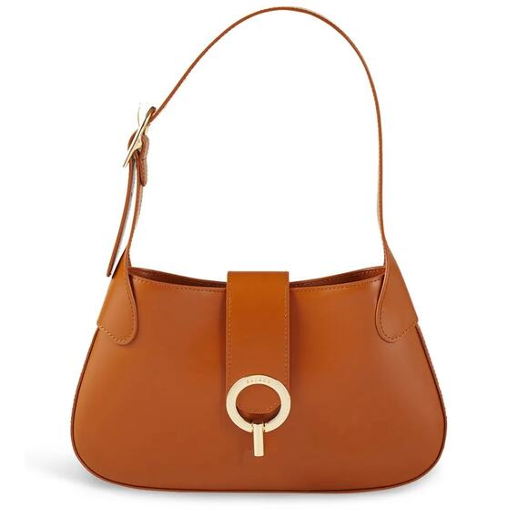 Sandro Brown Shiny Leather Shoulder Bag Structured Designer Logo 11x6x1 $425 - Picture 1 of 9